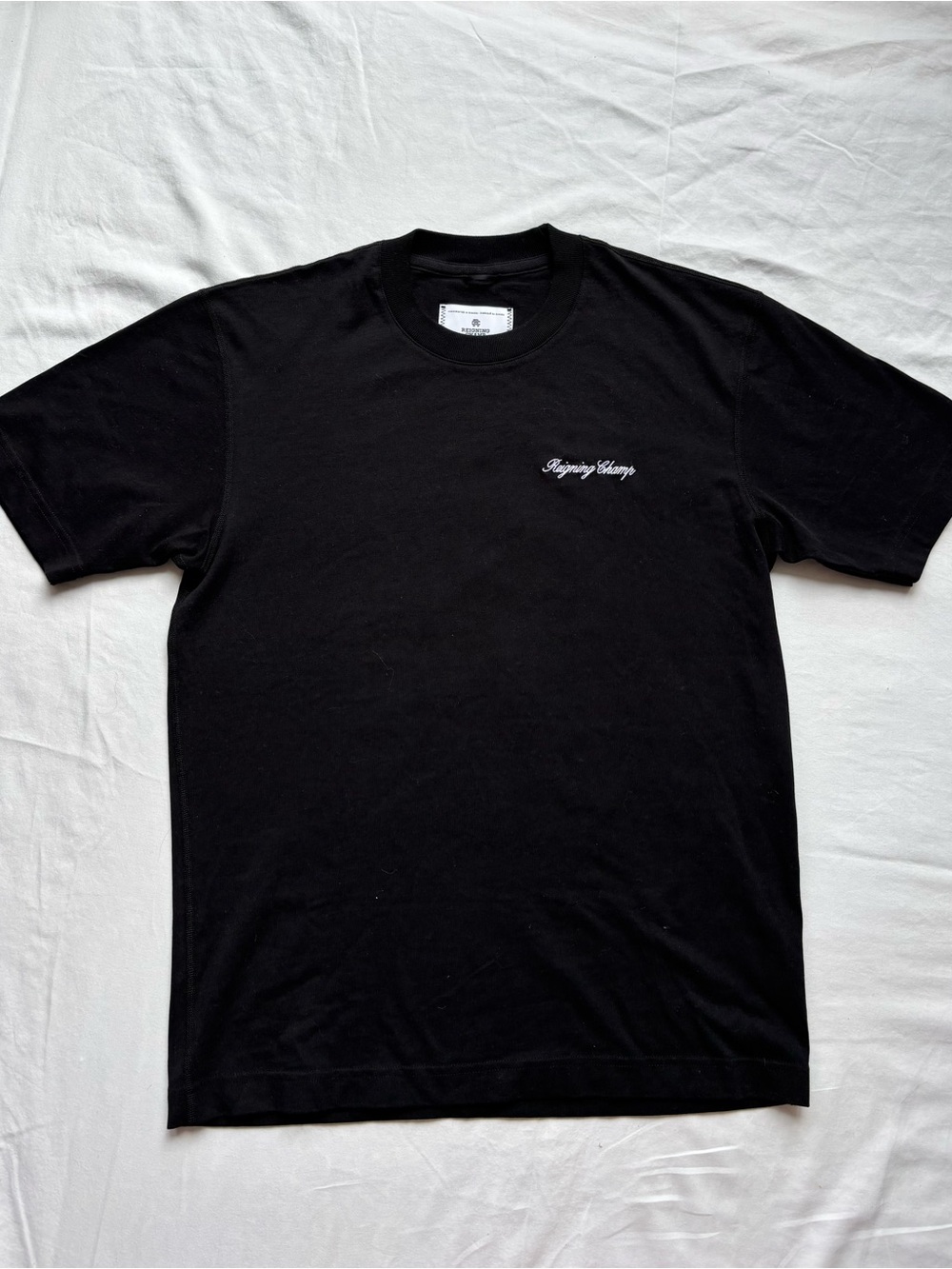 Reigning Champ Black Crewneck Tee with White Script Logo